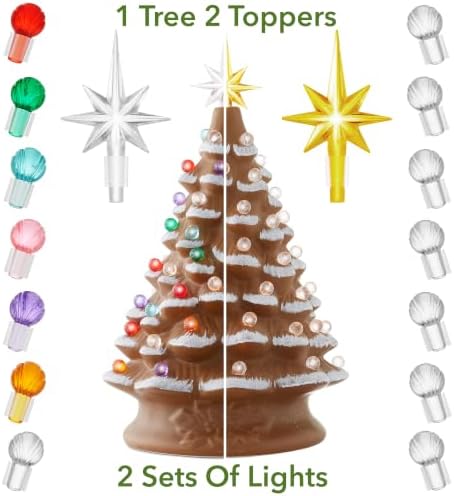 Casafield Hand Painted Ceramic Christmas Tree, Gingerbread 15-Inch Pre-Lit Tree with 128 Multi Color Lights, 2 Star Toppers