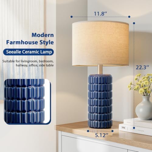 Seealle 23" Modern Ceramic Table Lamps Set of 2, Lamps for Bedroom, Blue