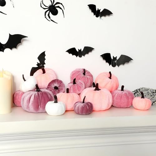 Lonfliness 18Pcs Fall Velvet Pumpkin Harvest Decoration Assorted Faux Pink Small Fabric Foam Pumpkin for Autumn Thanksgiving Farmhouse Table Centerpiece Halloween Mantel Party Favor