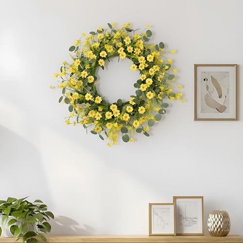 Pinkpum 22" Daisy Eucalyptus Wreath for Front Door, Artificial Spring Summer Floral Wreath for Front Door, Home