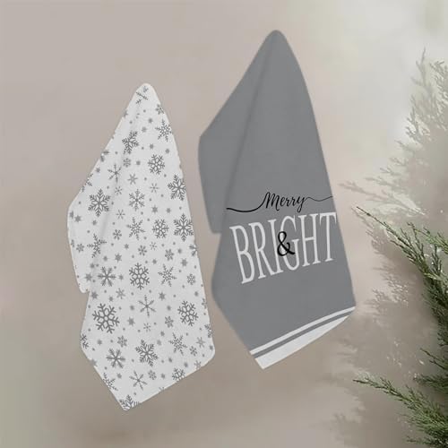 JOOCAR Christmas Snowflake Kitchen Towels Grey Snowflake Dish Towels Set of 2, 16x27 Inch Seasonal Winter Holiday Decor Drying Dishcloth, Chrismtas Decoration Hand Towels for Bathroom Kitchen