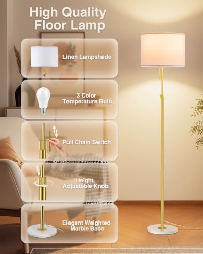 Ambimall Height Adjustable Modern Gold Floor Lamp, Gold & White