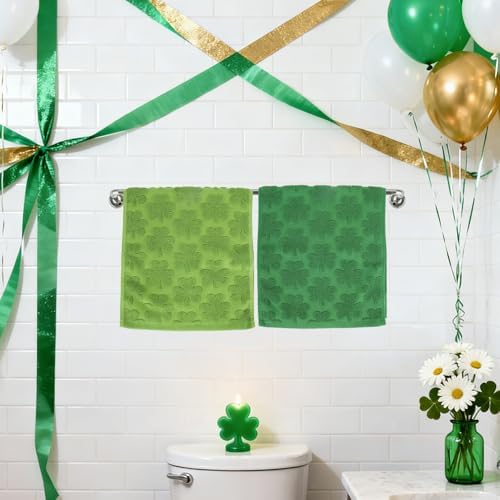 Whaline 3 Pcs St. Patrick's Day Hand Towel 3D Jacquard Cotton Towel Absorbent Green Shamrock Clover Dish Towels for Irish Holiday Kitchen Bathroom, 13.8 x 29.5 Inch