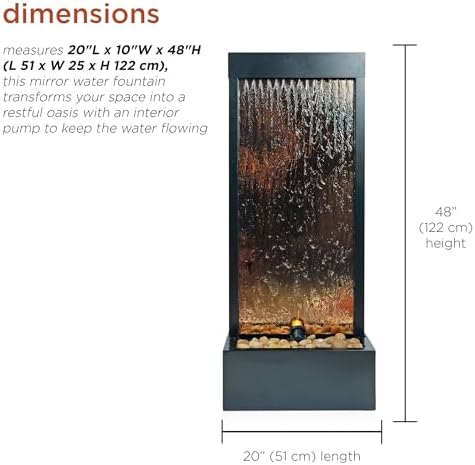 Alpine Corporation 48" Tall Indoor Modern Wall Mounted Zen Mirror Waterfall Floor Fountain with Stones and LED Lights