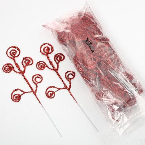 Ysleen 50 Pcs Glitter Tree Picks and Sprays Twigs Branches, Red
