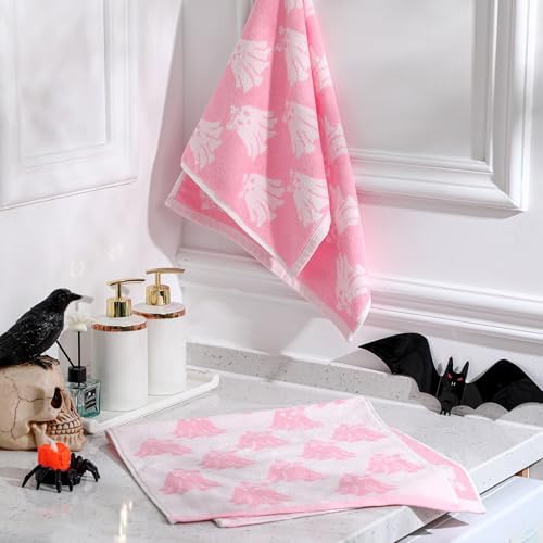 Breling 2 Pcs Halloween Bow Ghost Hand Towels Pink White Bathroom Towels
