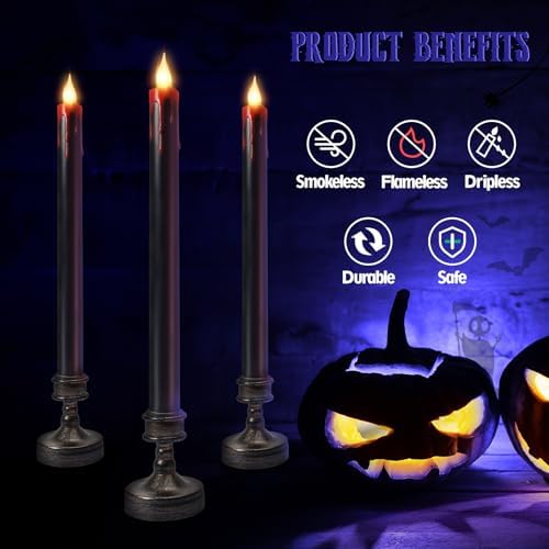 8 Pack Black Halloween Candles,Flameless Bleeding Taper Candles with Base