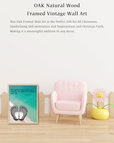 KensTro 12x16 Oak Framed Proverbs 20:7 Footprints Christian Wall Art