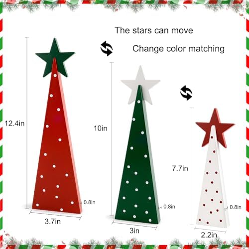 Christmas Decorations Indoor, 3 PCS Wooden Xmas Tree with Stars