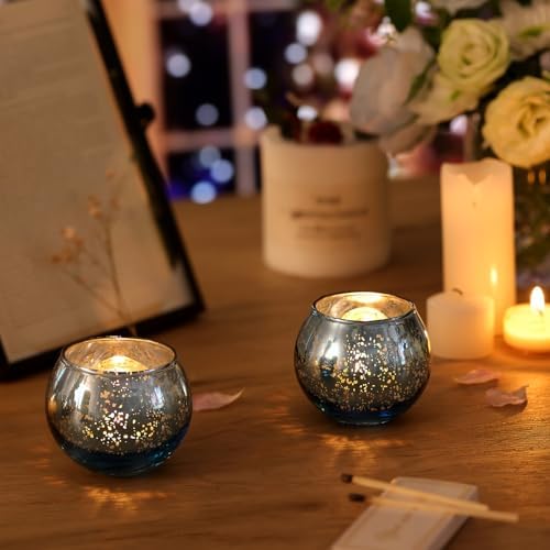 Volens Round Blue Votive Candle Holder Set of 12, Mercury Glass Votives