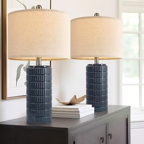 PoKat 23" Blue Table Lamps, Farmhouse Bedside Lamps for Bedroom Set of 2, Ceramic End Table Lamps for Living Room