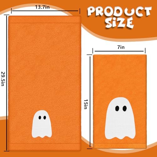 JarThenaAMCS 2 Pack Halloween Hand Towels Embroidered Orange Ghost Cotton Dish Towel for Bathroom Hand Drying Kitchen Cleaning Towel Gift Set, 29.5 x 13.7 Inch