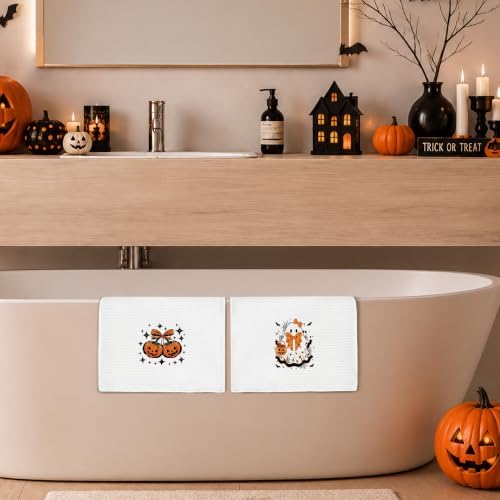 Halloween Pumpkin Fall Kitchen Towels, Coquette Orange Bow Ghost Pumpkin Fall Hand Towels for Bathroom Decor, Preppy Halloween Autumn Dishcloths Dish Towel for Kitchen 16x24 Inches Set of 2