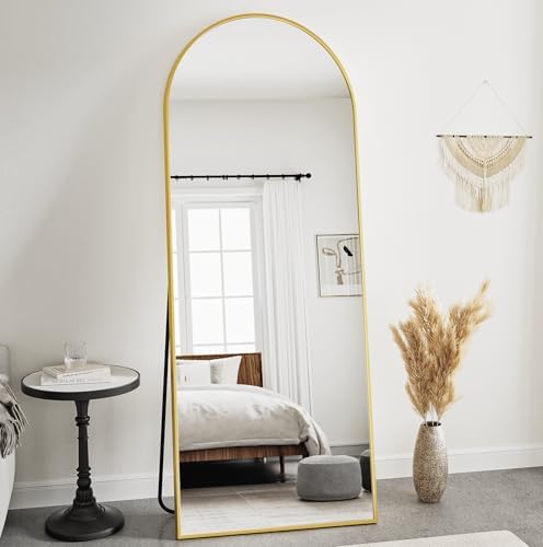 Prywot Arched Full Length Mirror, 58"x18" Full Body Mirror with Stand, Gold