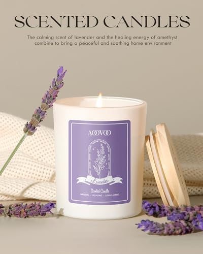 AOOVOO Lavender Scented Candles for Women - Aromatherapy Candle with Crystals Inside, 7oz Soy Candles for Home Scented