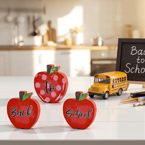 Smile Back to School Wooden Tabletop Decor - Red Apple "Back to School" Desktop Signs - Classroom & Home Office Decorations Gift
