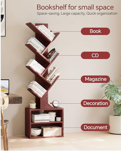 SUNMORY 6 Tier Tree Bookshelf, Tall Small Bookcase with Storage Cabinet