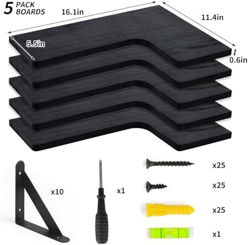 Fixwal Conner Shelves Wall Mounted for Decor, Black Set of 5