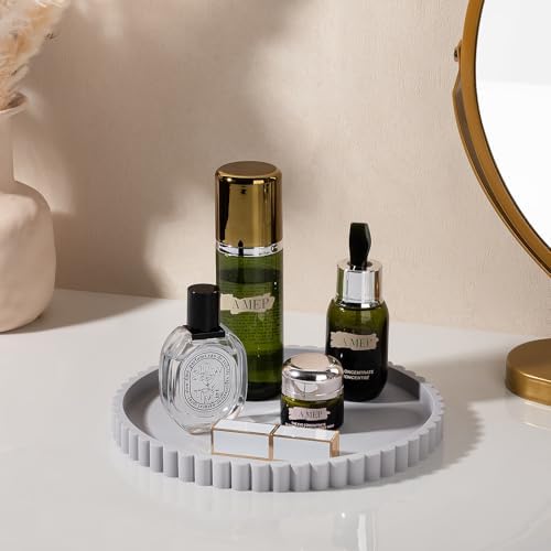 Round Bathroom Tray Perfume Organizer Coffee Table Decor, 9" Light Gray