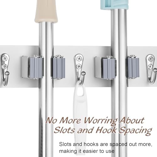 OUTNILI 2 Pack Mop Broom Holder Wall Mount - White Wood Broom Mop Hanger - Wall Mounted Garden Tool Rack Organizer for