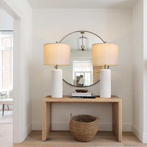PoKat 27.5'' Tall Table Lamps for Living Room Set of 2, Stone-Like Ceramic Bedroom Lamps for Night Stands, Farmhouse