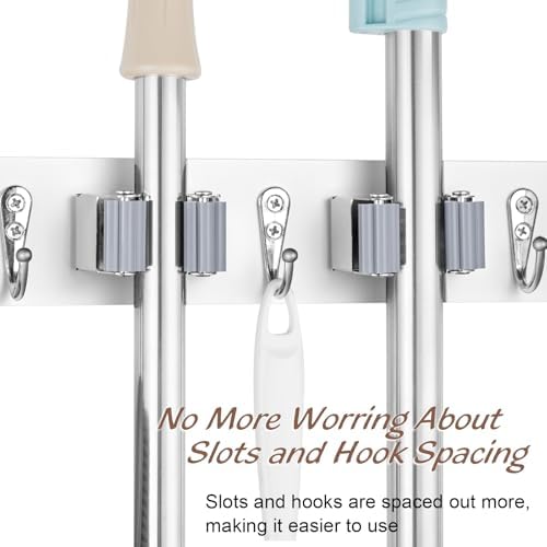 OUTNILI Mop and Broom Holder Wall Mount - White Broom Mop Hanger - Wall Mounted Garden Tool Rack Organizer for Closet