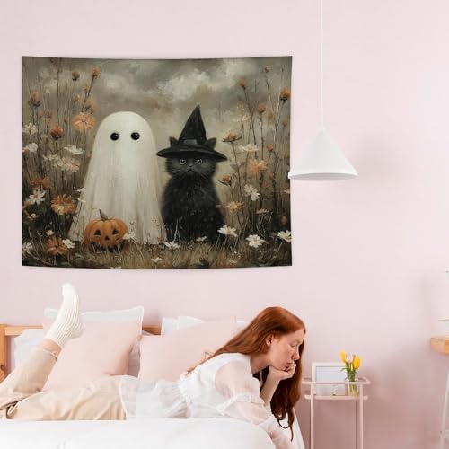 WHCHJ Halloween Ghost and Black Cat Tapestry, Gothic Witchy Cat Tapestry Wall Hanging, Whimsical Wildflower Spooky Tapestries Wall Blanket Decor for Party Home Bedroom Living Room Dorm, 50x60 Inch