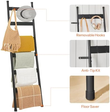 HOOBRO Blanket Ladder, 6-Tier Towel Rack with Hooks, Wall-Leaning Blanket Rack, Decorative Display Ladder Shelf