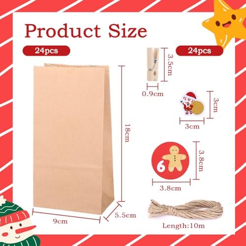 Naler 24 Pcs Christmas Gift Bags, Paper Goodie Bags with Stickers & Clips