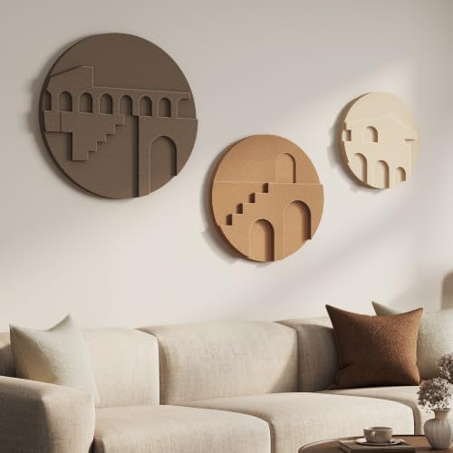 3D Textured Round Neutral Abstract Boho Wall Art for Living Room, 3 Piece