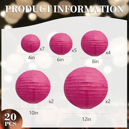 20Pcs Fuchsia Paper Lanterns for Parties, 4” 6” 8” 10” 12” Chinese Asian Hanging Round Paper Lanterns for Birthday Wedding Halloween Christmas Home Decor Party Decor