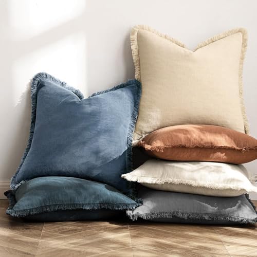 MIULEE Linen Fringe Decorative Lumbar Throw Pillow Covers Blue Ashes 12x20