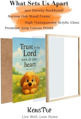 KensTro 12x16 Oak Framed Proverbs 3:5 Puppy Christian Wall Art