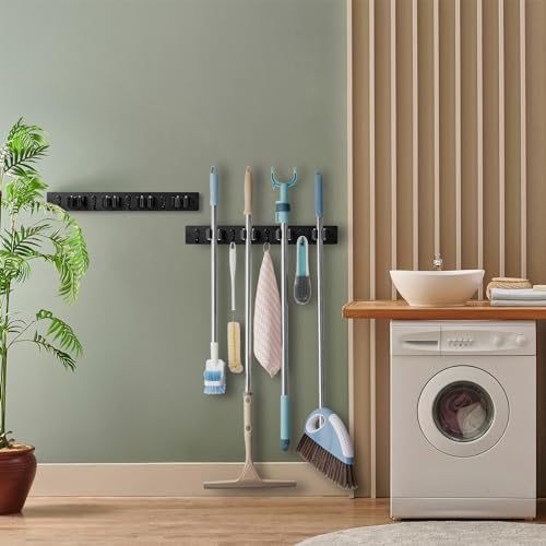 OUTNILI 2 Pack Black Mop Broom Holder Wall Mount - Wood Broom Mop Hanger - Wall Mounted Garden Tool Rack Organizer for