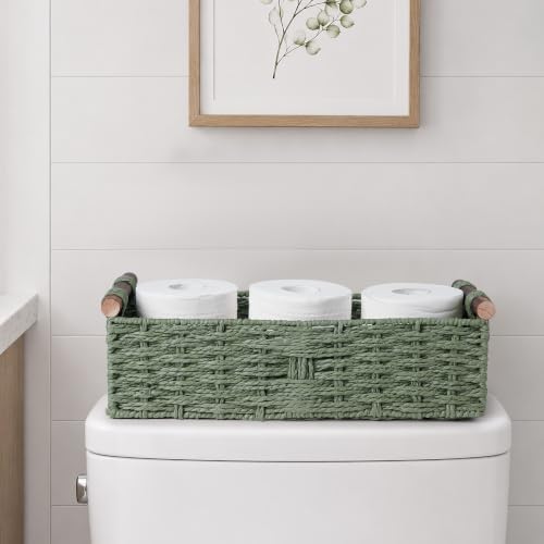Round Paper Rope Storage Basket Wicker Baskets for Organizing with Handle Decorative Storage Bins for Countertop Toilet