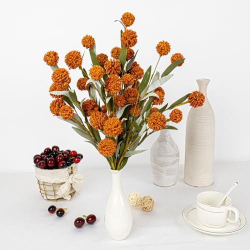 Yawwind 6 PCs Rustic Fall Flowers 17 Inches Boho Fall Floral Picks Faux Autumn Branches with Craspedia Orange Billy Balls Flowers for Vase Table Centerpieces Living Room Indoors Decor（Orange）