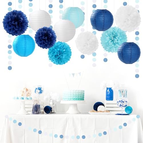Blue-White Birthday Party-Decorations Paper-Flowers Lanterns - 15PCS Light Royal Tissue Pom Poms Streamers,Classroom Ocean Themed Baby Bridal Shower Bachelorette Wedding Hanging Supplies Decor Hugfond