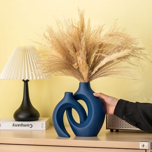 Lvases Snuggle Hollow Ceramic Flower Vase of 2, Navy Blue Home Decor Vases