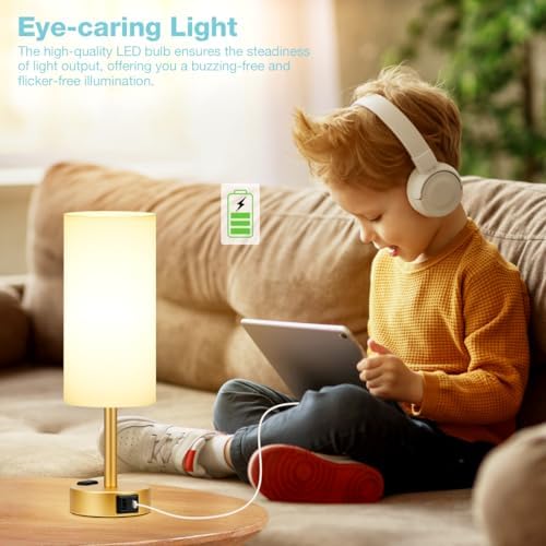 Fenmzee Gold Bedside Lamp for Bedroom, Dimmable Touch, USB A+C, AC Outlet