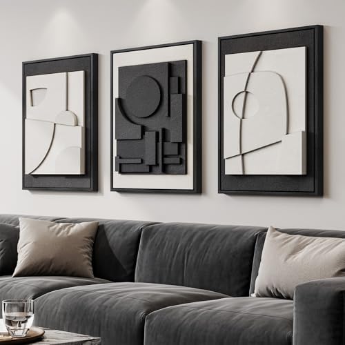 Large Framed Black and White Modern 3D Abstract Wall Art Set