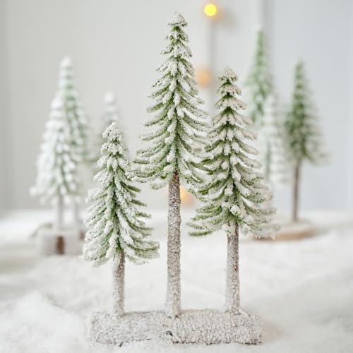 Mini Christmas Trees, Snow Frost Trees with Wood Base Bottle Brush Trees Plastic Winter Snow Ornaments Tabletop Artificial Trees for Christmas Party Home Decoration (C)