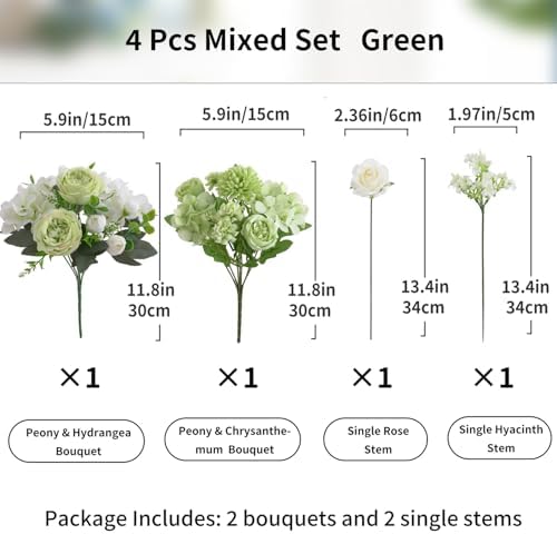 4 Pcs Mixed Artificial Peony Flowers Set-2 Bouquets & 2 Stems, Green Fake Peony Rose Hydrangea Flower for Vase Silk Floral Arrangements for Table Centerpiece Wedding Party Bridal Decoration Home Decor