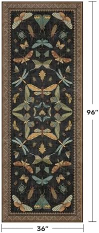 3x8 Green and Black Wide Hallway Runner Rugs - 8ft Washable Kitchen Floor Mats Non Slip, Floral & Insect Pattern Rug