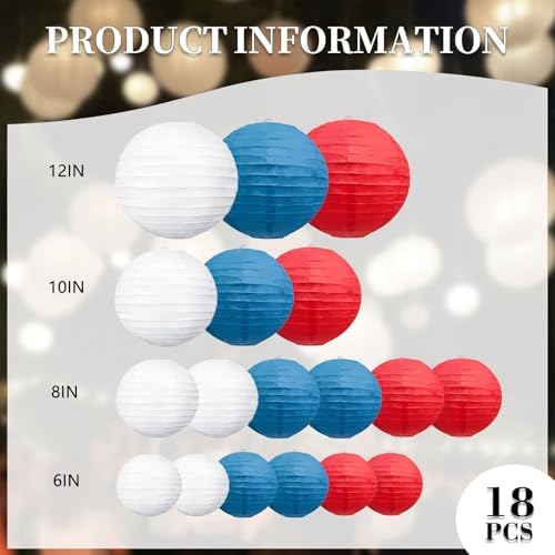 18Pcs Red Royal Blue White Paper Lanterns for Parties, 6” 8” 10” 12” Chinese Asian Hanging Round Paper Lanterns for 4 of July, Independence Day Home Decor Party Decor