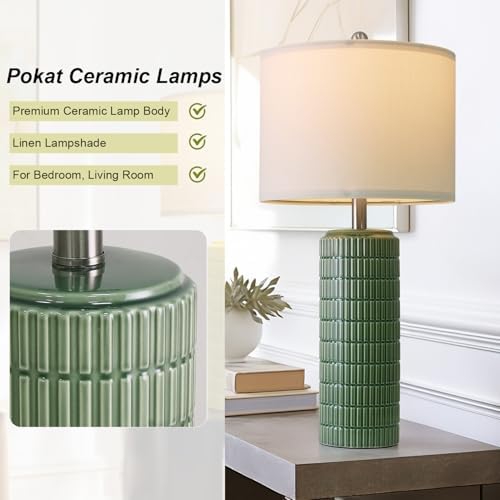 PoKat 27.5" Dark Green Ceramic Table Lamps for Living Room, Farmhouse Table Lamps Set of 2 for Bedroom Night Stands