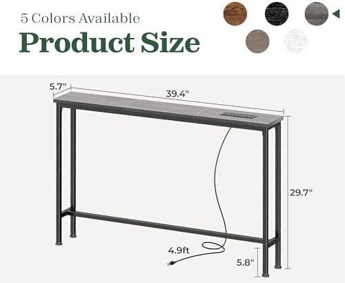 SUPERJARE 39.4 inch Narrow Behind Couch Table with Charging Stations