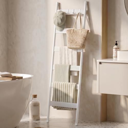 HOOBRO Blanket Ladder, 6-Tier Towel Rack with Hooks, Wall-Leaning Blanket Rack, Decorative Display Ladder Shelf, for