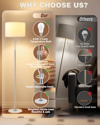 Ambimall Height Adjustable Modern Floor Lamp, Silver & White