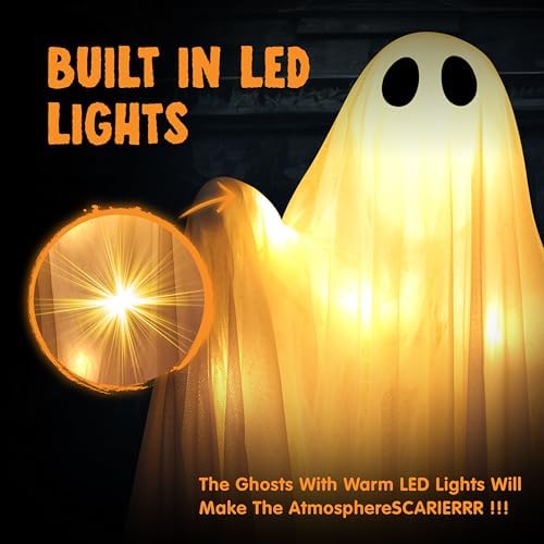 JOYIN 2 Pcs 47” Halloween Light up Hanging Ghost Decorations Outdoor, Halloween Flying Hanging Ghosts with Warm LED Lights and Timer for Haunted House Prop Front Yard Patio Party Decor Indoor Outdoor