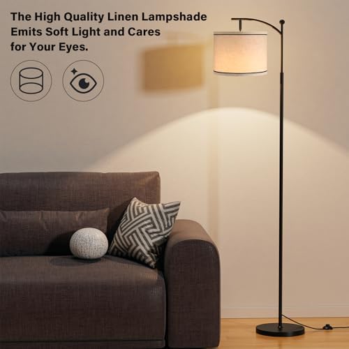 Ambimall 60" Floor Lamp for Living Room with 3 Color Temperatures, Beige Lampshade with Black Stripes, Tall Lamp for